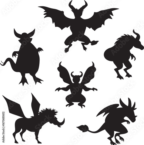 Silhouette Collection of Mythical Creatures Shadowy Beasts and Monsters in Dark Black a Fantastic Bestiary of Fictional Characters