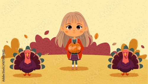 A blonde cute smiley girl wearing a scarf, skirt and wellington boots is holding a pumpkin. Cozy flat cartoon thanksgiving scene. Autumn landscape.