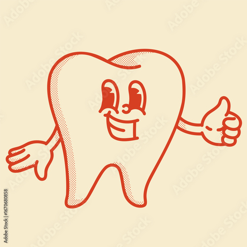 Happy smiling retro tooth mascot. Dentistry icon, dentist logo. Thumbs up