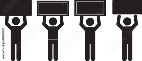 Four identical stick figure silhouettes holding blank black signs overhead isolated on white background silhouette