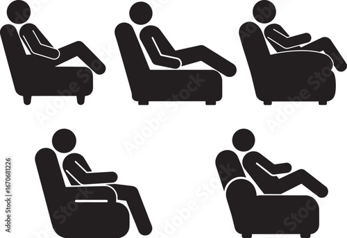 Five diverse silhouette figures relaxing in reclining chairs isolated on white background