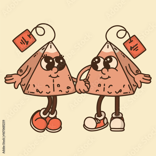 Perfect pyramid black tea bag couple - Earl Grey and Assam. Retro matching pair character design