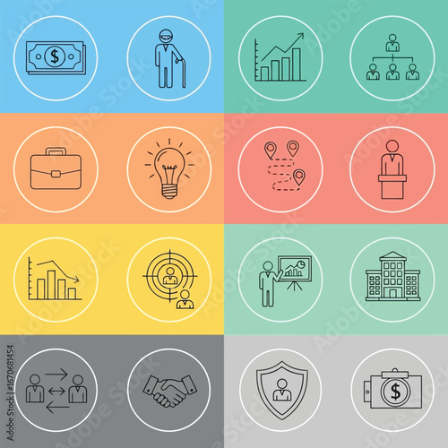 Collection of business and finance icons in circles on a colorful background