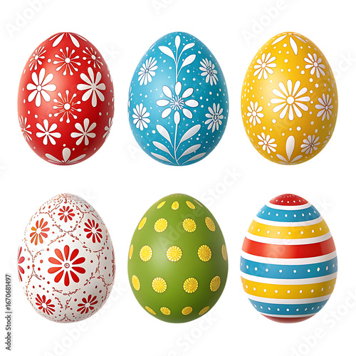 Six vibrant hand-painted easter eggs in a row transparent background