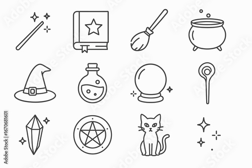 A whimsical collection of line-art icons featuring magic wands, spellbooks, witch hats, and other mystical elements for enchanting designs