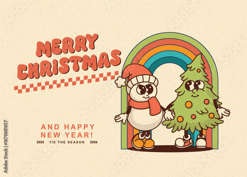 Vintage snowman and decorated Christmas tree on rainbow background with holiday text Magical design for festive websites and greeting cards