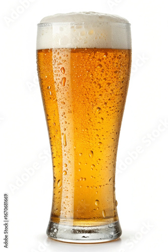 Tall glass of golden lager beer with frothy head and bubbles