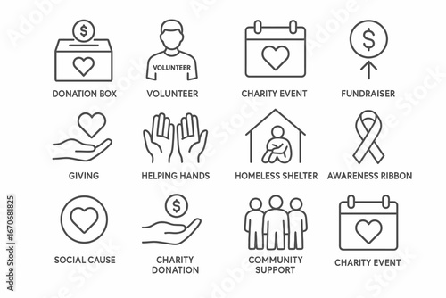 A set of vector icons for charity, donation, and community support, including a donation box, helping hands, and awareness ribbon