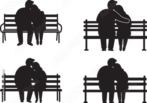Four romantic couple silhouettes sitting on park benches embracing each other isolated on white background silhouette