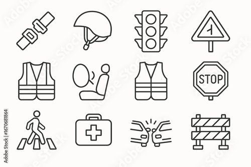 A collection of vector icons for safety and security, including a seatbelt, helmet, traffic lights, and a stop sign
