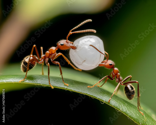 Two ants working together to move a large white object
