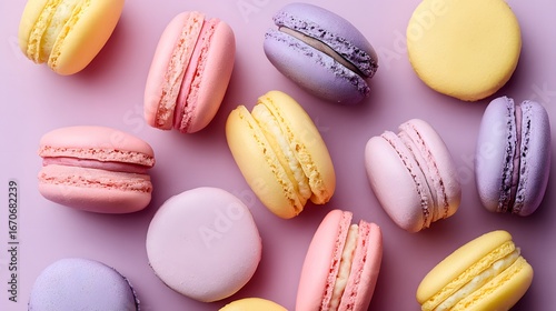 Wallpaper Mural Vibrant pastel-colored macarons arranged artfully on a muted lavender background. Torontodigital.ca