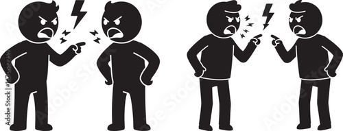 Two pairs of angry people arguing and gesturing aggressively silhouette isolated on white background
