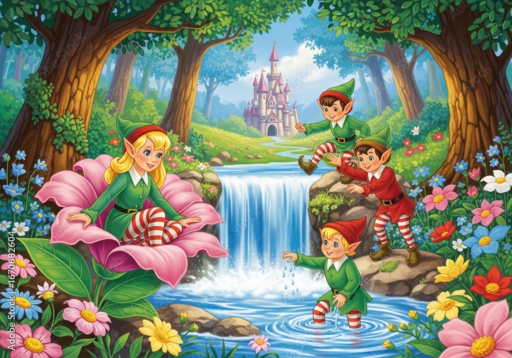 Obraz premium Cartoon elves in a fairy tale forest with a castle, waterfall, and flowers, creating a magical and cheerful fantasy scene