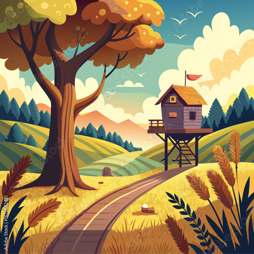Cozy cabin on stilts in a scenic autumn landscape with a winding path