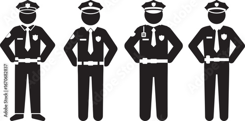 Four police officers standing in uniform a silhouette isolated on white background