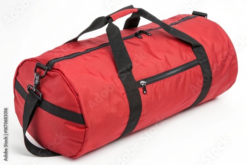 Red duffel bag with black straps and zippers isolated on white background