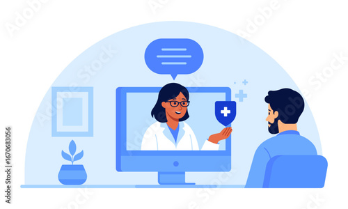 Doctor consulting patient through computer screen during video call. Telemedicine, telehealth, remote healthcare, medical consultation, digital medicine. Flat illustration isolated on background