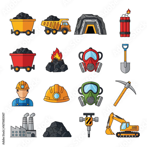 Collection of mining industry related icons isolated on white background