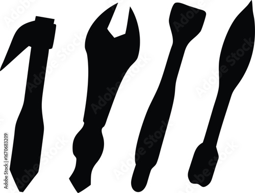 Silhouette Depiction of Hand Tools A Collection of Hammer Wrench Screwdriver and Awl Representing Construction Carpentry Maintenance and Repair
