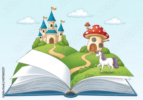 A fairy tale book with a castle, mushroom house, and unicorn isolated on white background