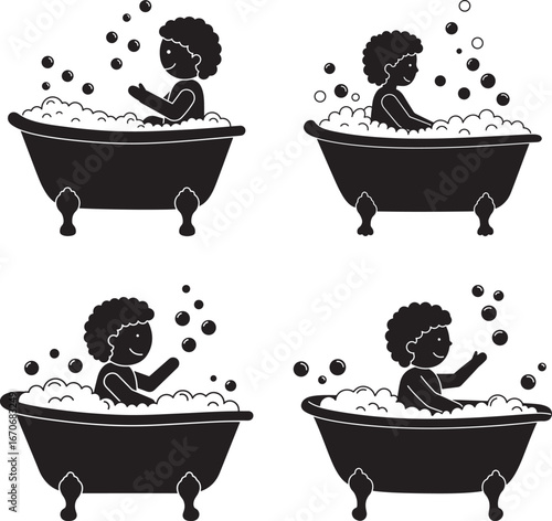 Four silhouettes of children enjoying a bubble bath in clawfoot tubs isolated on white background