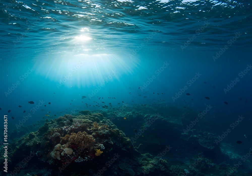 Fototapeta premium Underwater Scene Sunlit Ocean Waters, Coral Reef, and Fish in the Deep Blue Sea