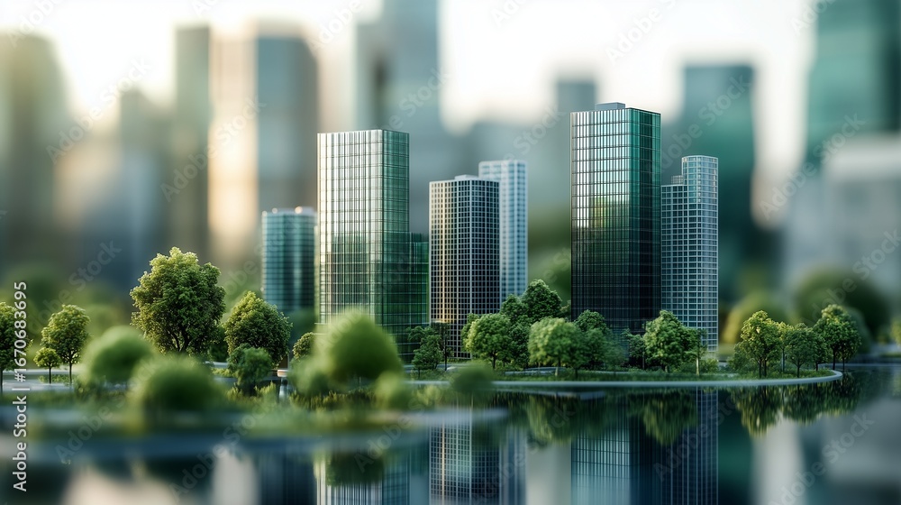 Fototapeta premium City with trees and buildings. Glass office with a glass roof and a sustainable building. Carbon dioxide and carbon dioxide in the atmosphere of a green tree. A metropolis lifestyle featuring both.
