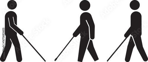 Three simple stick figure silhouettes walking with canes isolated on white background