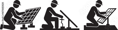 Three construction workers installing solar panels in a row silhouette isolated on white background