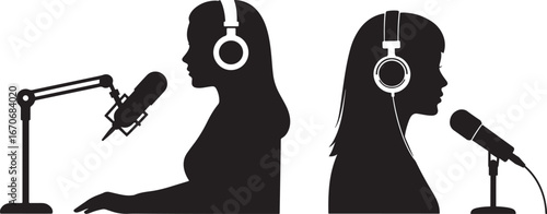 Two people in profile silhouette wearing headphones recording audio with microphones isolated on white background silhouette