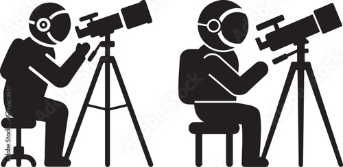 Two silhouetted figures observing the night sky with telescopes isolated on white background