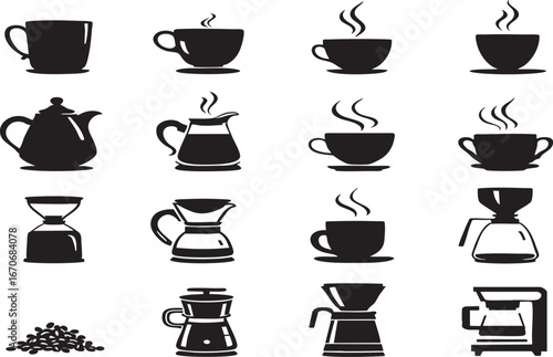 This graphic displays a variety of coffee brewing equipment and accessories, including cups, pots, coffee makers, and beans.