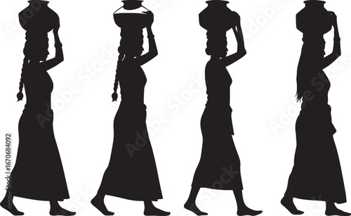 Four women in silhouette carrying water pots on their heads isolated on white background