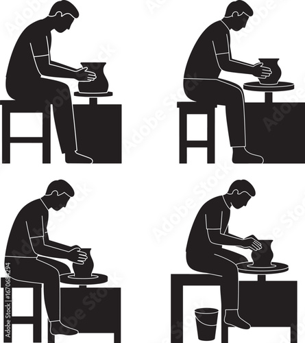 Four silhouette illustrations of a potter working at a pottery wheel isolated on white background