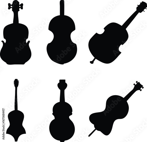 Silhouetted String Instruments Orchestral Ensemble Featuring Violins Cellos and Basses Musical Harmony and Rhythmic Composition Black and White Art