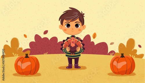 A brown-haired cute smiley boy wearing a striped sweater and wellington boots holds a turkey in his arms. Cozy flat cartoon thanksgiving scene. Autumn landscape.