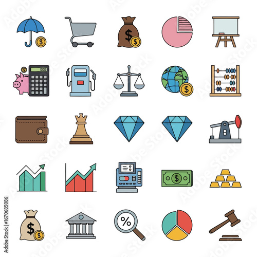 Set of financial and business icons isolated on white background