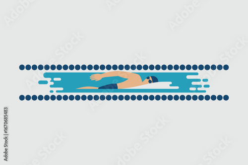 A swimmer in a pool with blue water and lane markers, wearing a cap and goggles, swimming freestyle style