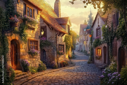 Fototapeta Naklejka Na Ścianę i Meble -  Painting of a small town with houses and a cobblestone street