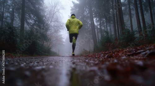 A long-distance runner crosses a foggy forest trail, embodying endurance, determination, and the quiet strength needed to push beyond limits..