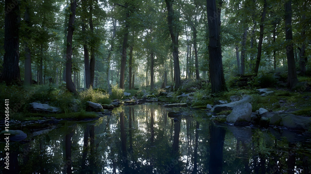 Obraz premium A tranquil forest stream reflects the surrounding trees in a serene, early morning scene.