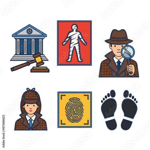 Detective icons courthouse, evidence, investigator, footprint, fingerprint