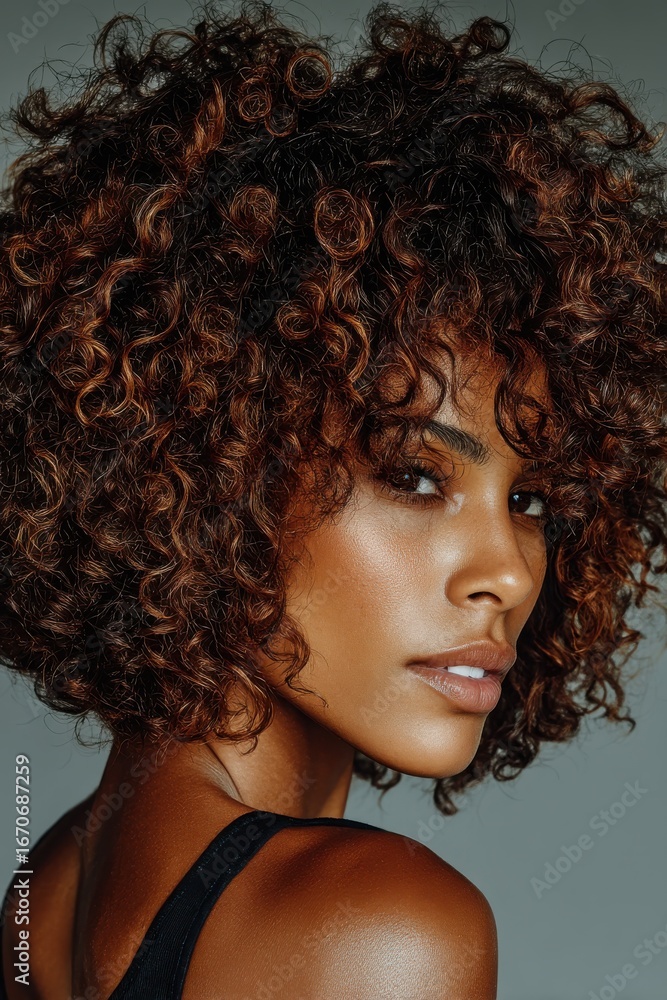Fototapeta premium Radiant Woman with Voluminous Auburn Curls and Glowing Skin Looking Back Over Shoulder, Showcasing Textured Hair and Confident Beauty