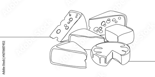 Hand drawn continuous line set of various cheese blocks. Strokes can be edited.