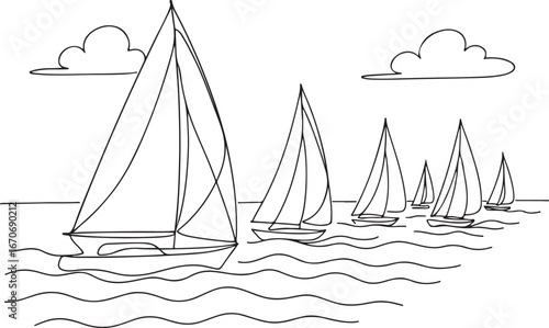 Big Regatta Line Drawing with Yachts Sailing on Ocean Vector Artwork