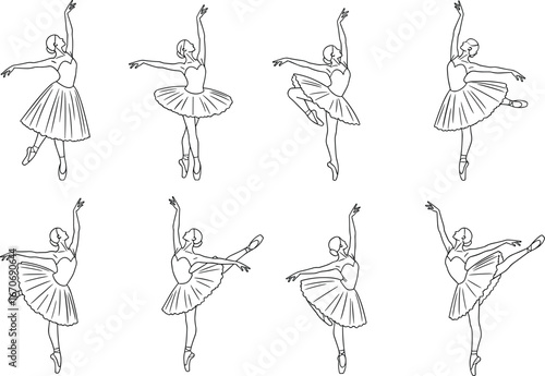 Ballet dancer line art vector set, ballerina poses, classical dance silhouette, elegant performance artwork, tutu sketch illustration pack