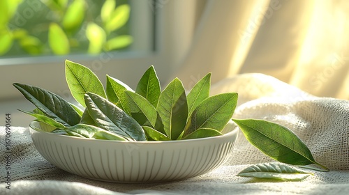 Fresh green bay leaves in a white bowl on a table in natural light image