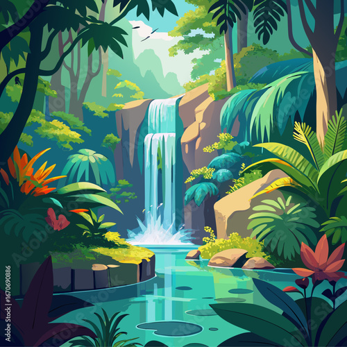 Vibrant tropical waterfall oasis with lush greenery and exotic flowers