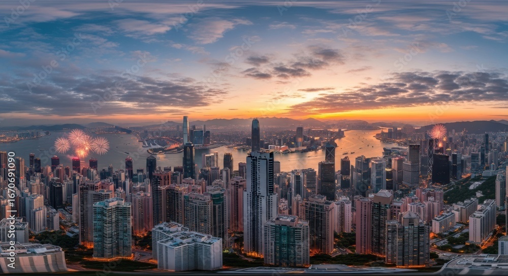 Fototapeta premium Spectacular Cityscape Fireworks Display at Sunrise Over Victoria Harbour